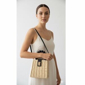 NWT Woven Straw Crossbody Bag with Black Beaded Handle & Faux Leather Strap